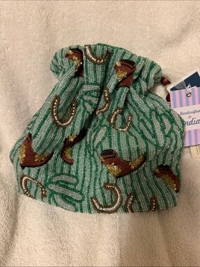 Sussan Green Beaded Drawstring Mini Bag with Brown Motifs